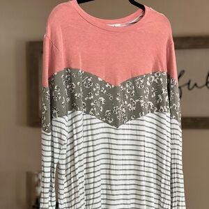Chic Long Sleeve Top with Pink, Gray, and White Patterns